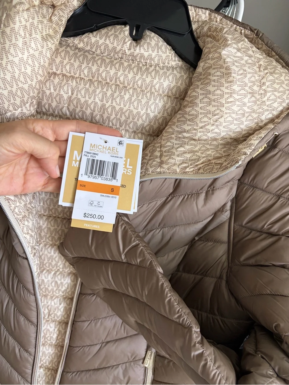 Michael Kors Quilted Hooded Puffer Jacket in Taupe